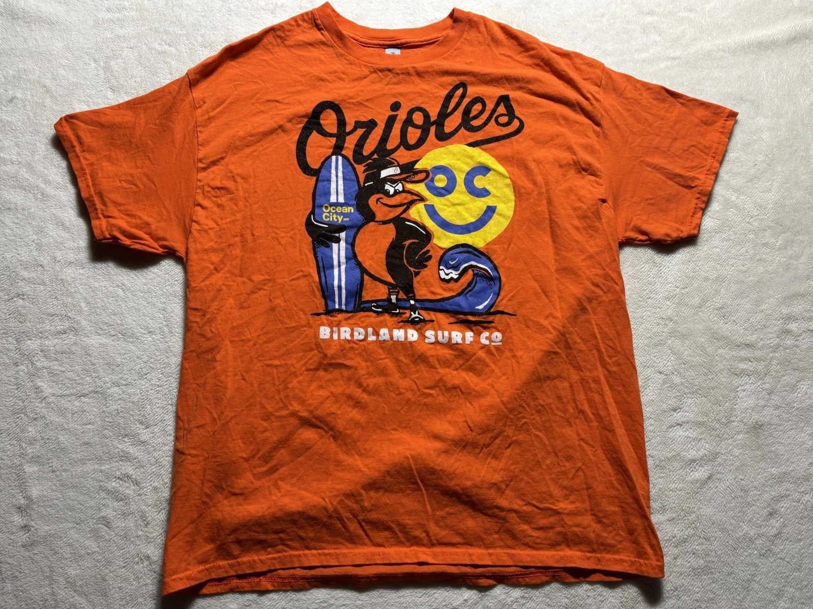 Baltimore Orioles Surfing Bird Logo T Shirt Summer Camp Ocean City Mens XL