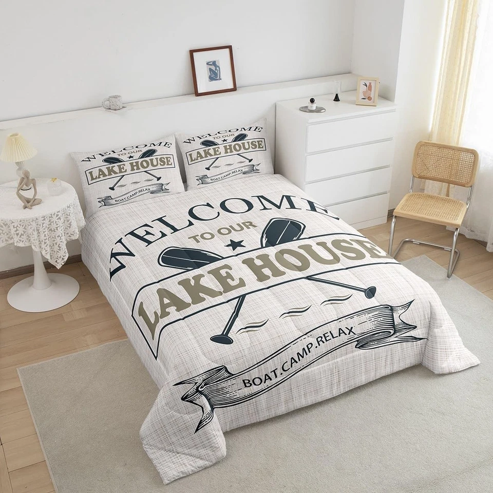 Lake House Comforter Set Twin Size,Go Boating Paddle Lake Life Themed Bedding... - Image 3 of 4