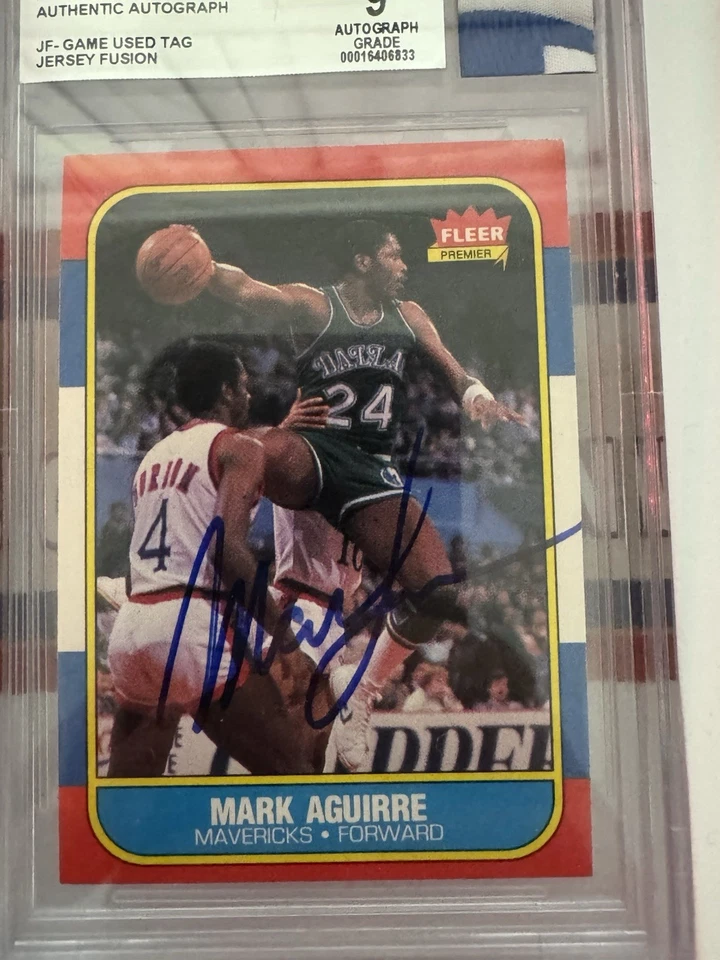 1986-87 Fleer - Марк Агирре #3 Beckett 9 авто игры б/у ярлык чемпион логотип - Изображение 3 из 4
