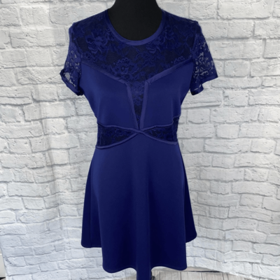 Express women L navy blue fit & flare short sleeve above knee solid/lace  dress | eBay