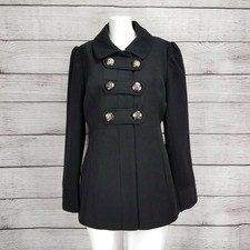 Hydraulic Junior's L Military Style Pea Coat Double Breasted Button Front Black