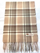 Winter Warm 100% CASHMERE Scarf Wrap Plaid Tan/Khaki/Cream Soft Wool