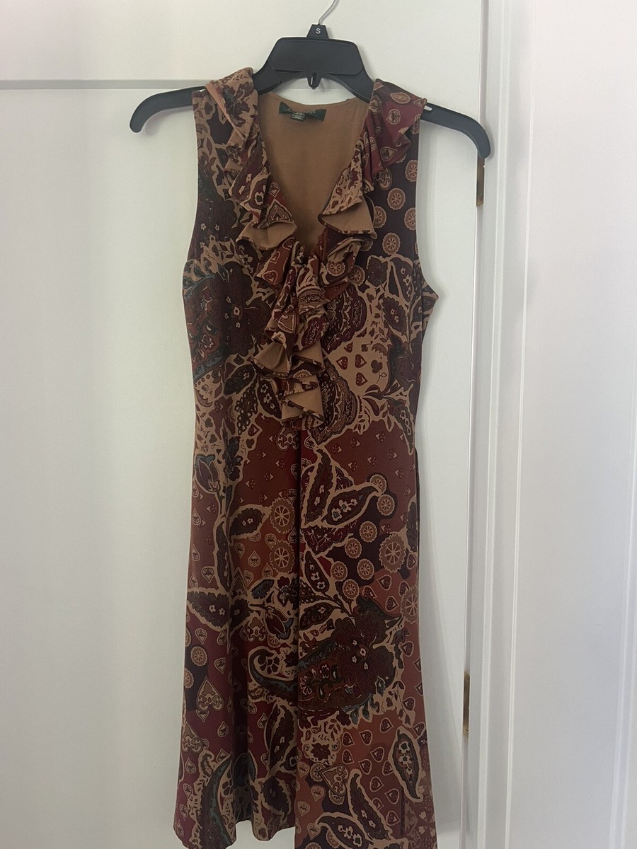 Lauren Ralph Lauren Dress Womens Petite Small Brown Ruffle A Line Ruffle