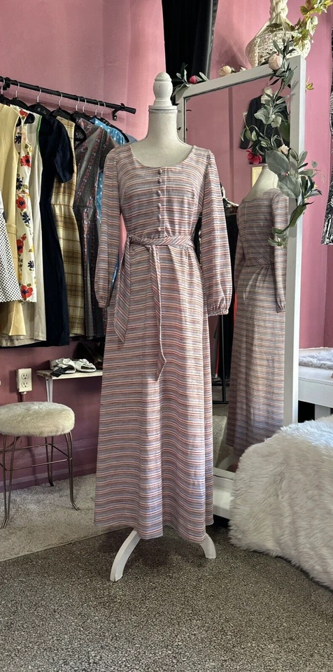 Maxi Vestido Vintage Años 60 70 Rosa Púrpura Rayas Mod Mangas Globo Brillo XS/S Foto 2 de 4