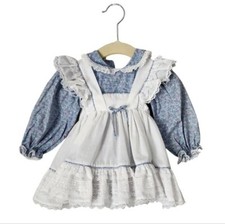 MINI WORLD x VINTAGE Ruffle party apron dress in blue white trim size 3-6 Mo