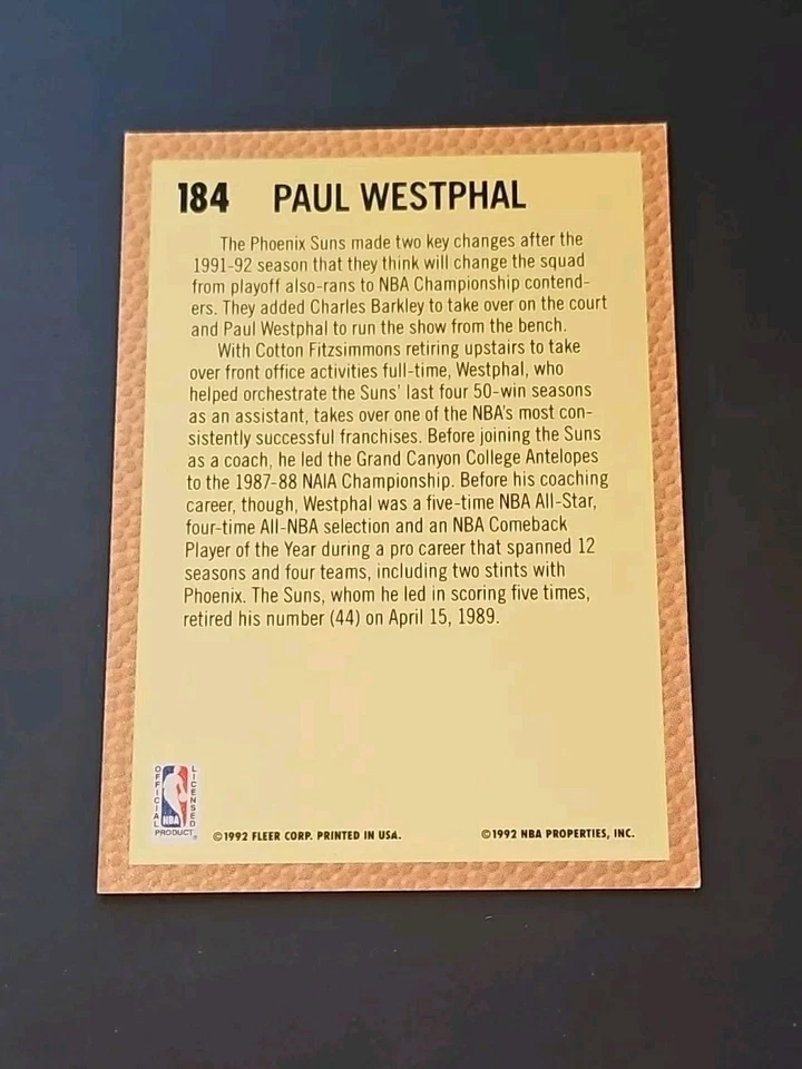 1992-93 Fleer Phoenix Suns Basketball Card #184 Paul Westphal CO - Image 2 of 2