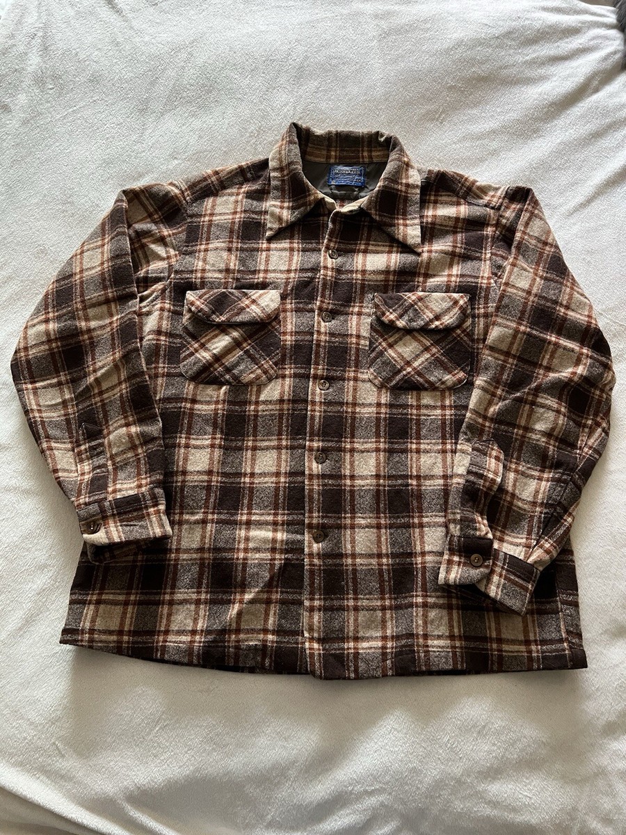 Vintage Pendleton Mens Medium Board Shirt Brown Plaid Wool Made In