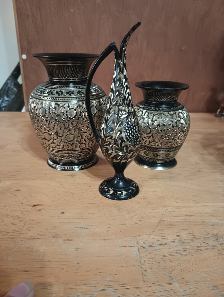 Vintage Black Gold Brass Hand Etched Indian Bud Vase Collectible Set Of