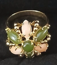 Vintage Jade & Coral Statement Ring 1970's Victorian Baroque Period Art Deco 