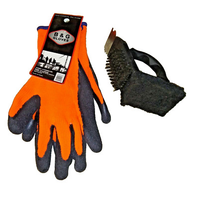 B&G Latex Orange Work Gloves X-Large and Brush for Grill