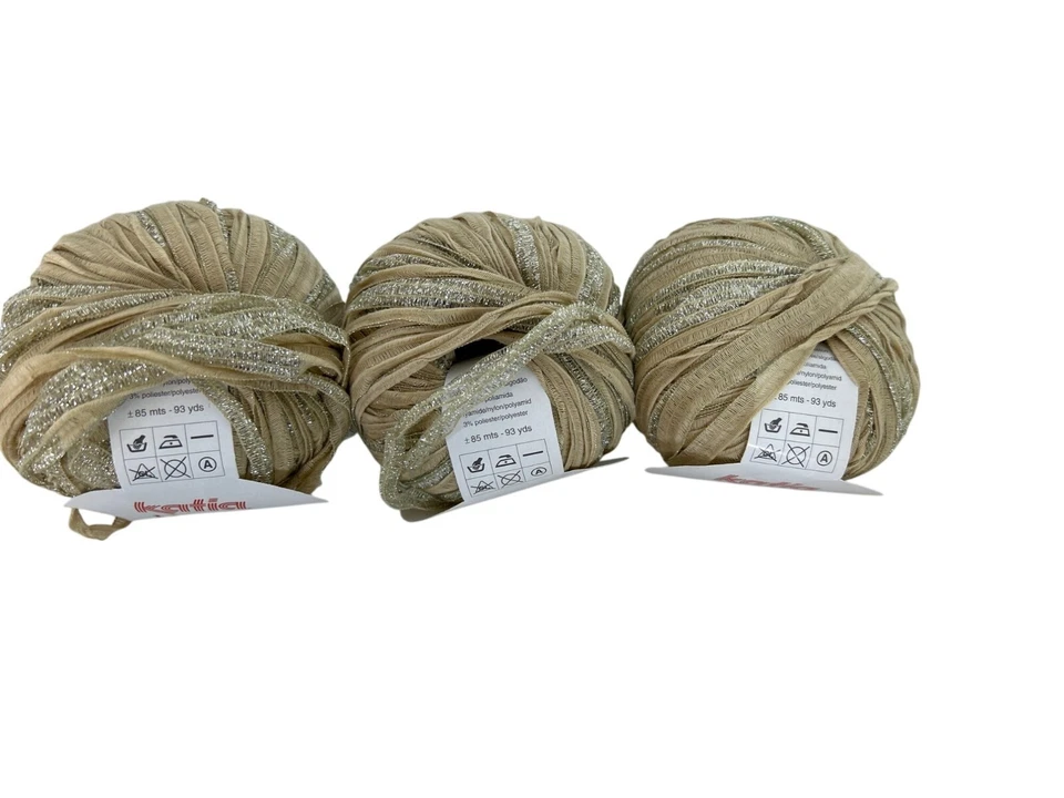 Katia India Cinta Metálica Hilo 93 Yardas Beige Plata Brillo AT846 Lote De 3 Foto 2 de 4