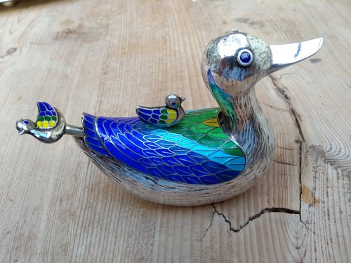 Cloisonne Emaille Enten Paar, zusätzliche Mini Enten, 99 Silber, Süd-Korea - Bild 22 von 24