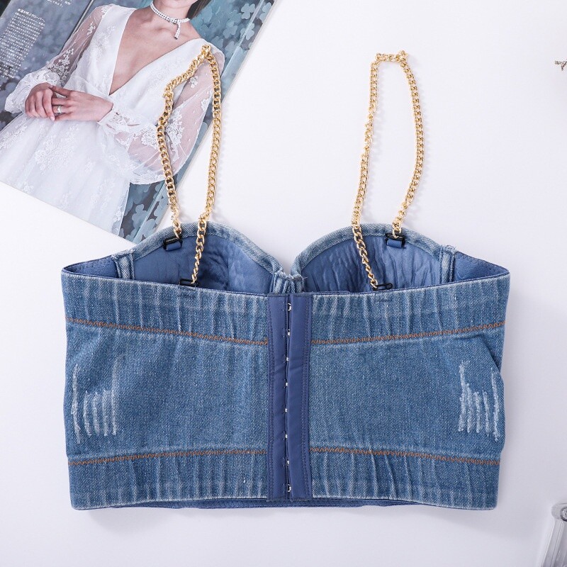 Lady Denim Crop Tank Top Camisole Corset Bustier Bra