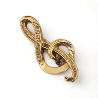 Treble Clef w/ Rhinestones Vintage Brooch Pin, Gold Tone.  (44)