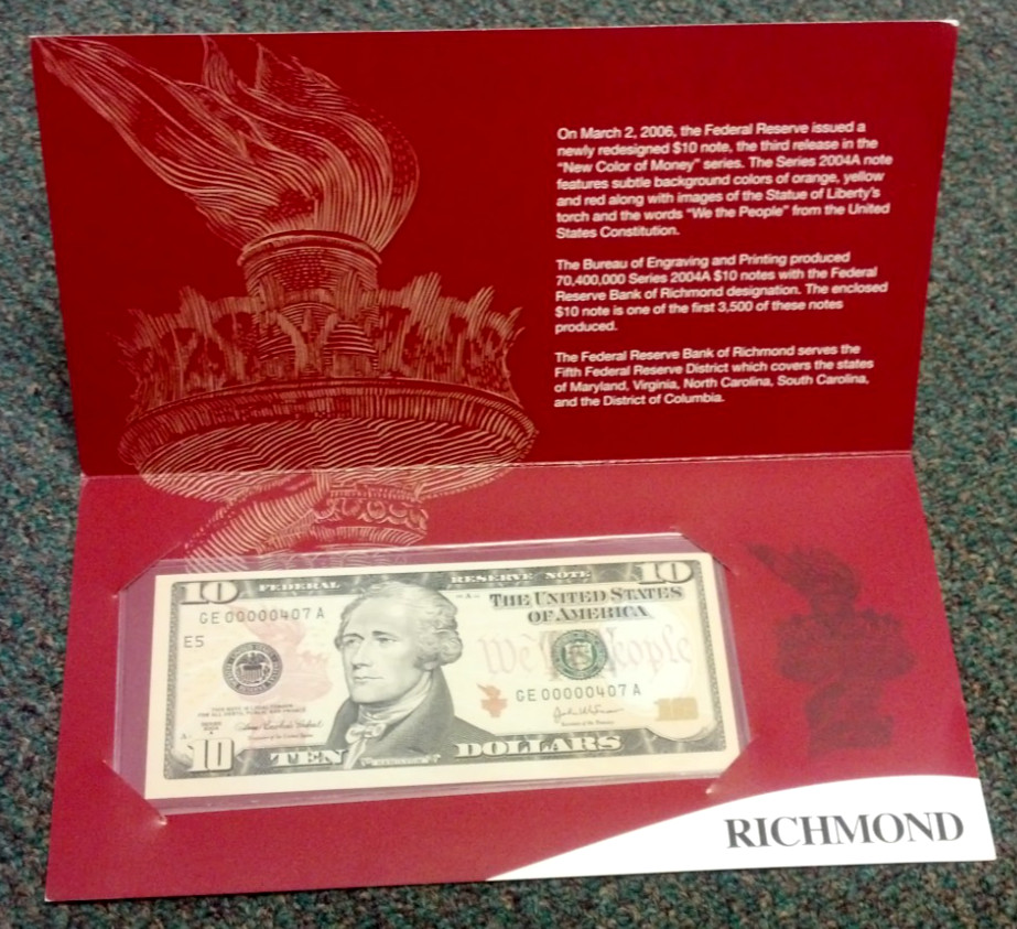 2004-A $10 FRN LOW 3 DIGIT SERIAL #407 RICHMOND IN BEP FOLDER (3346)