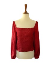J. Crew Square Neck Smocked Featherweight Satin Top Red Large