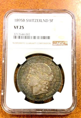 SWITZERLAND 1895 B 5 franc Silver  NGC VF25 KM34 rich toning scarce