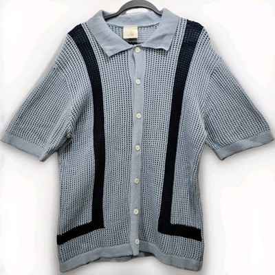Massive Luxury Polo Cardigan Sweater Blue Mens LG Crochet Open Knit Granpa NEW