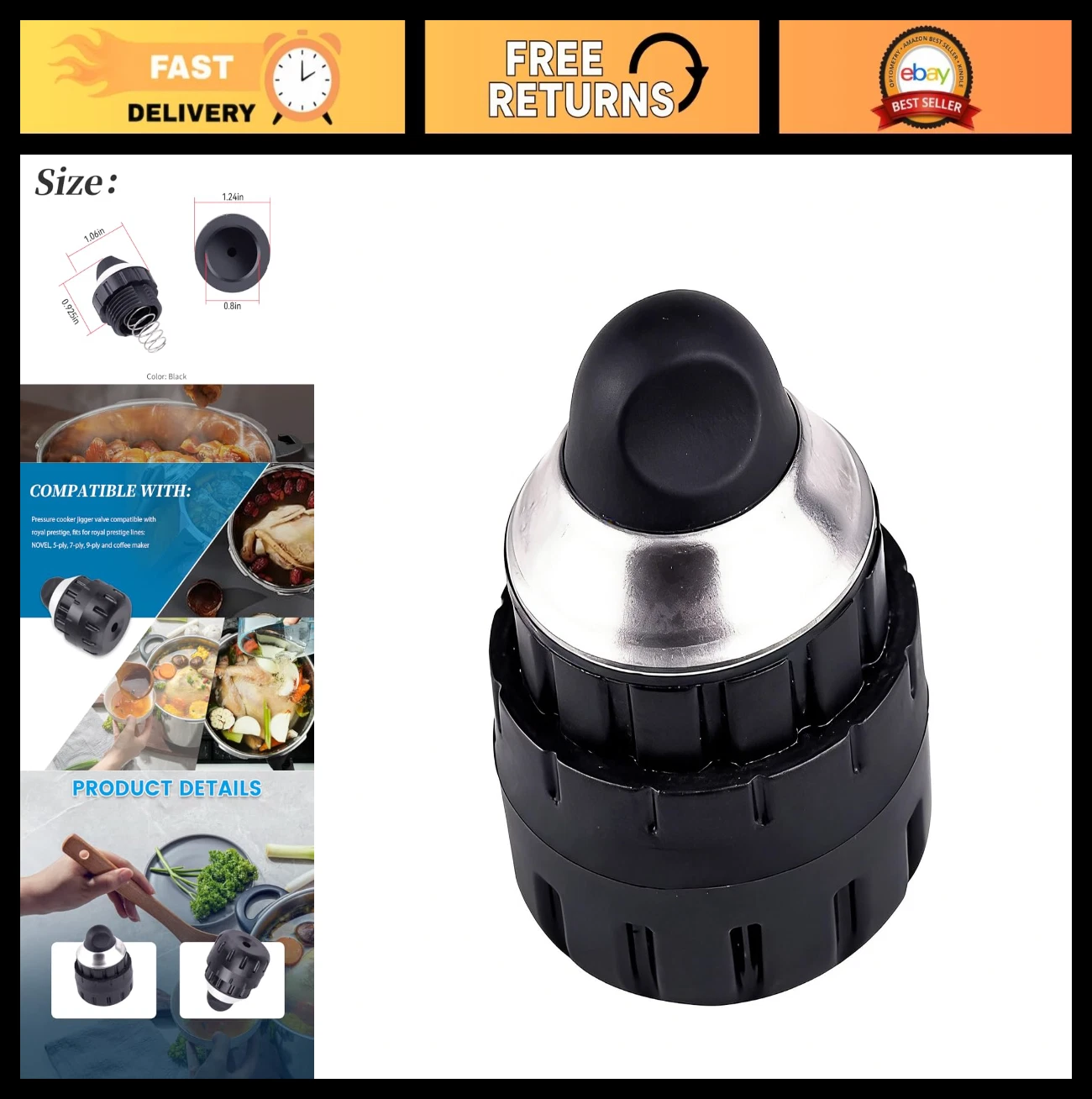Pressure Cooker Jigger Valve Replacement for NOVEL, 5-Ply, 7-Ply, 9-Ply - Black