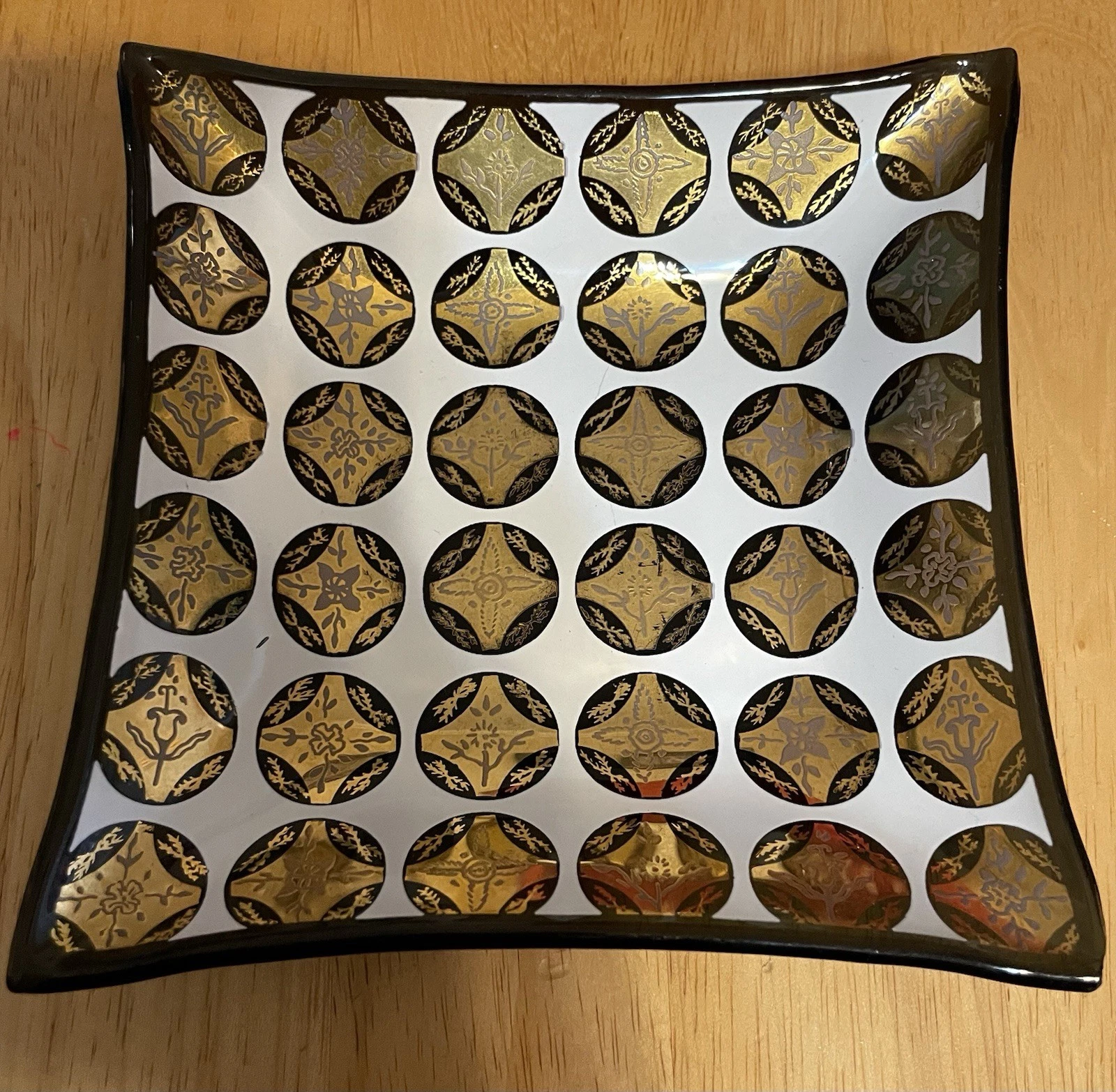 Mid Century Modern MCM Gold Black Atomic Glass Trinket Dish Tray 5.5”