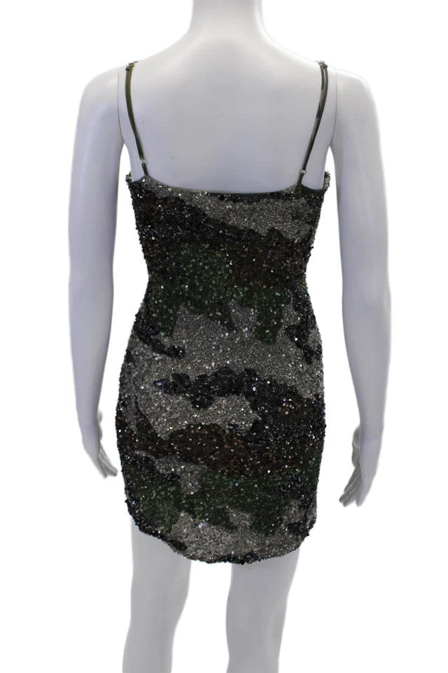 Mini Vestido Retrofete Para Mujer Camuflado Lentejuelas Cuello en V Sin Mangas Verde Talla M Foto 3 de 4