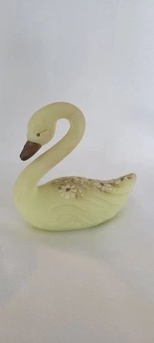 Uranium Fenton Swan Satin Custard UV Hand Painted Figurine Signed Floral Vintage