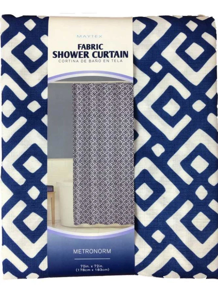 Cortina de ducha de tela con estampado geométrico azul y blanco Maytex Metronorm Foto 2 de 2