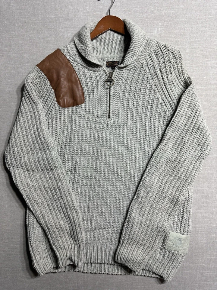 BARBOUR Sweater Cable Knit Lambswool Shawl Neck 1/4 Zip Mens Large Jumper Grey - Image 2 of 4