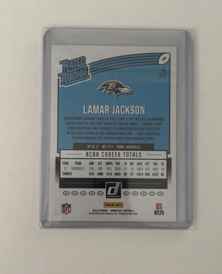 2018 Panini Donruss 317 Rated Rookie Lamar Jackson Baltimore 2018-panini-donruss-317-rated-rookie-lamar-jackson-baltimore