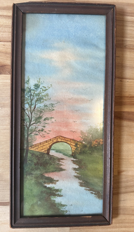 Antique Watercolor Painting Bridge Sunset Landscape Vintage Wood Frame Folk Art