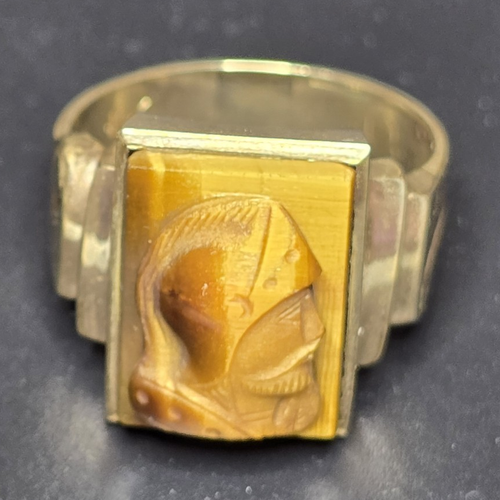 Vintage 10K Gold Tiger Eye Intaglio Ring Mens Art Deco Style 6.52g - Picture 1 of 3