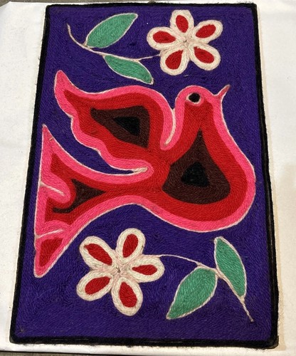 Vintage Huichol Mexican Yarn Painting Folk Art Bird 8” x 11.5” Boho Hippie  