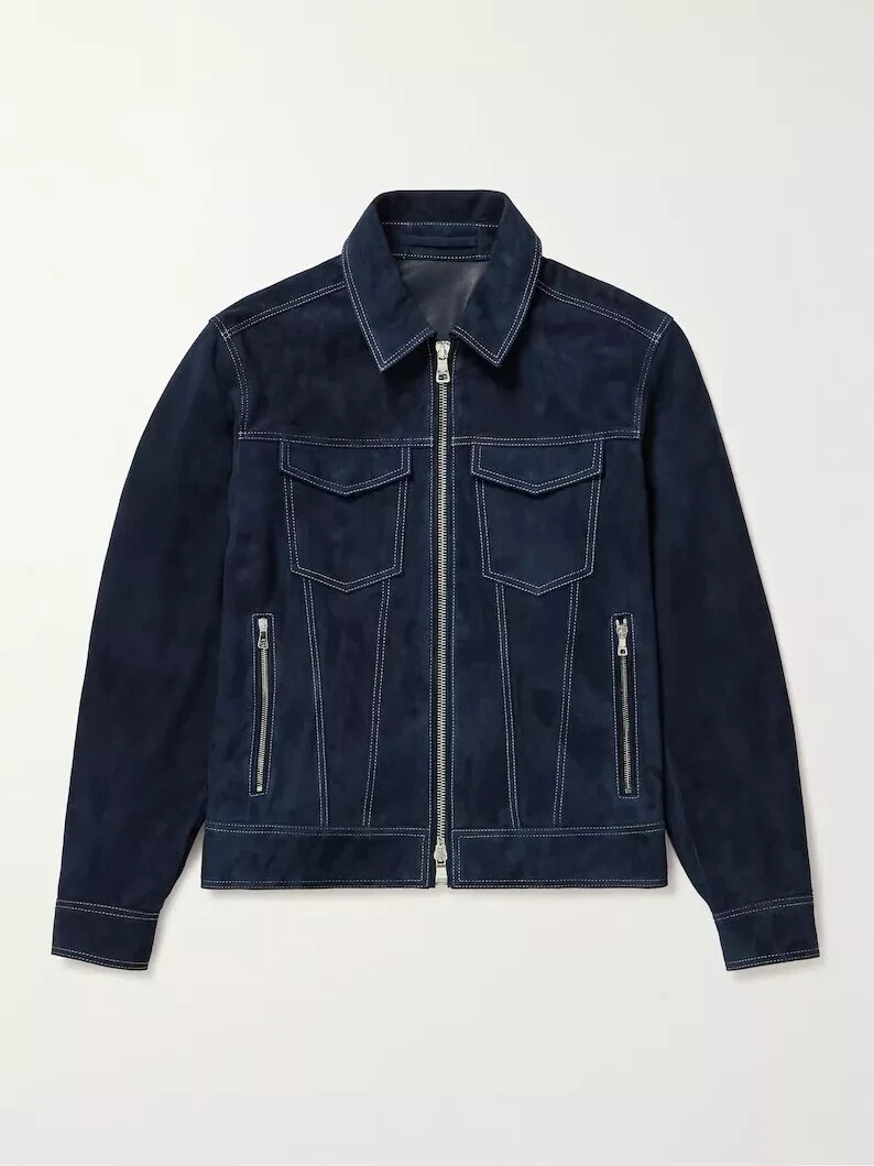 New Men's Classic Stylish Blue Genuine Suede Leather Jacket Denim Look Zipper