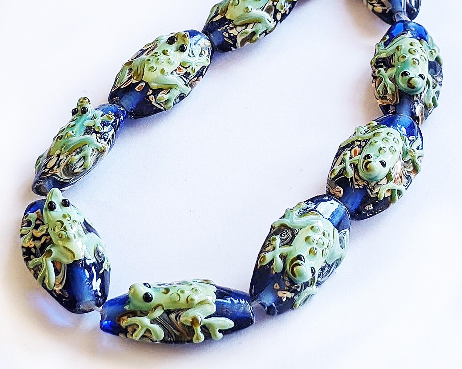 4 Handmade Lampwork Glass Beads Blue Long Oval Frog 28 mm 4 Beads (#a39)