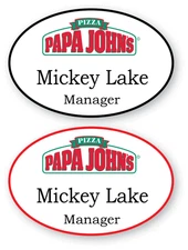 2 WHITE OVAL PAPA JOHNS PIZZA PERSONALIZED NAME BADGES MAGNETIC BACK