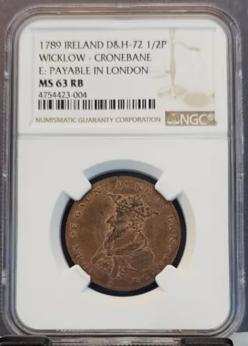 1789 IRELAND 1/2 PENNY D&H 72 WICKLOW CRONEBANE IRISH MINERS NGC MS 63 RB RARE