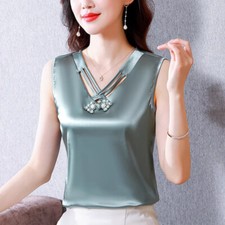 Ethnic Women Faux Silk Vest Tank Tops Sleeveless Shirts Chemise Basic Casual
