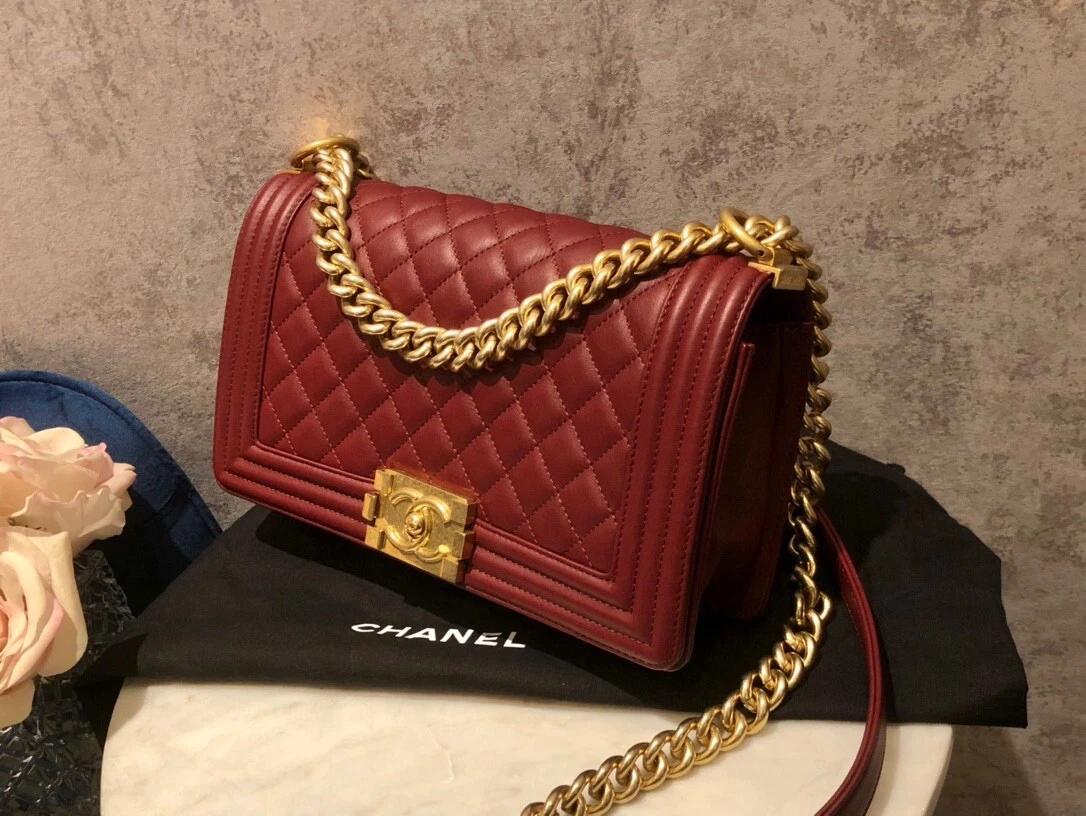 AUTH CHANEL MEDIUM BURGUNDY RED ANTIQUE GOLD HW QUILTED LEBOY BOY