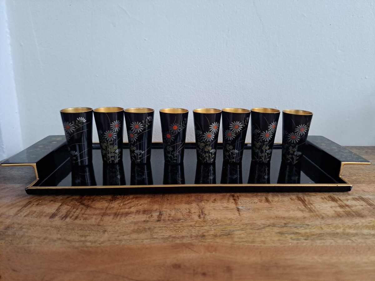 VTG Set Maruni Japan Black Lacquer Enamel Metal Tray 8 Saki Tea 