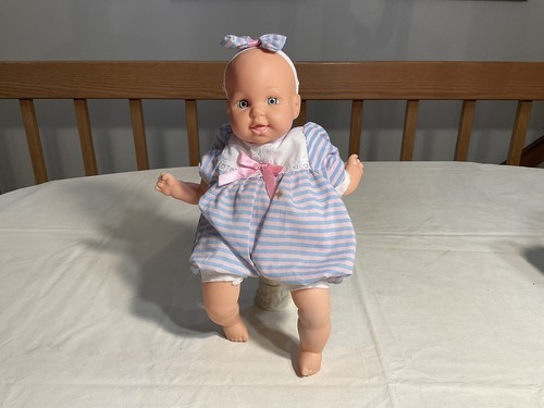 VTG. GOLDBERGER UNBELIEVABLY SOFT AIR FILLED BABY, 13 IN. ORIG CLOTHES, HEADBAND