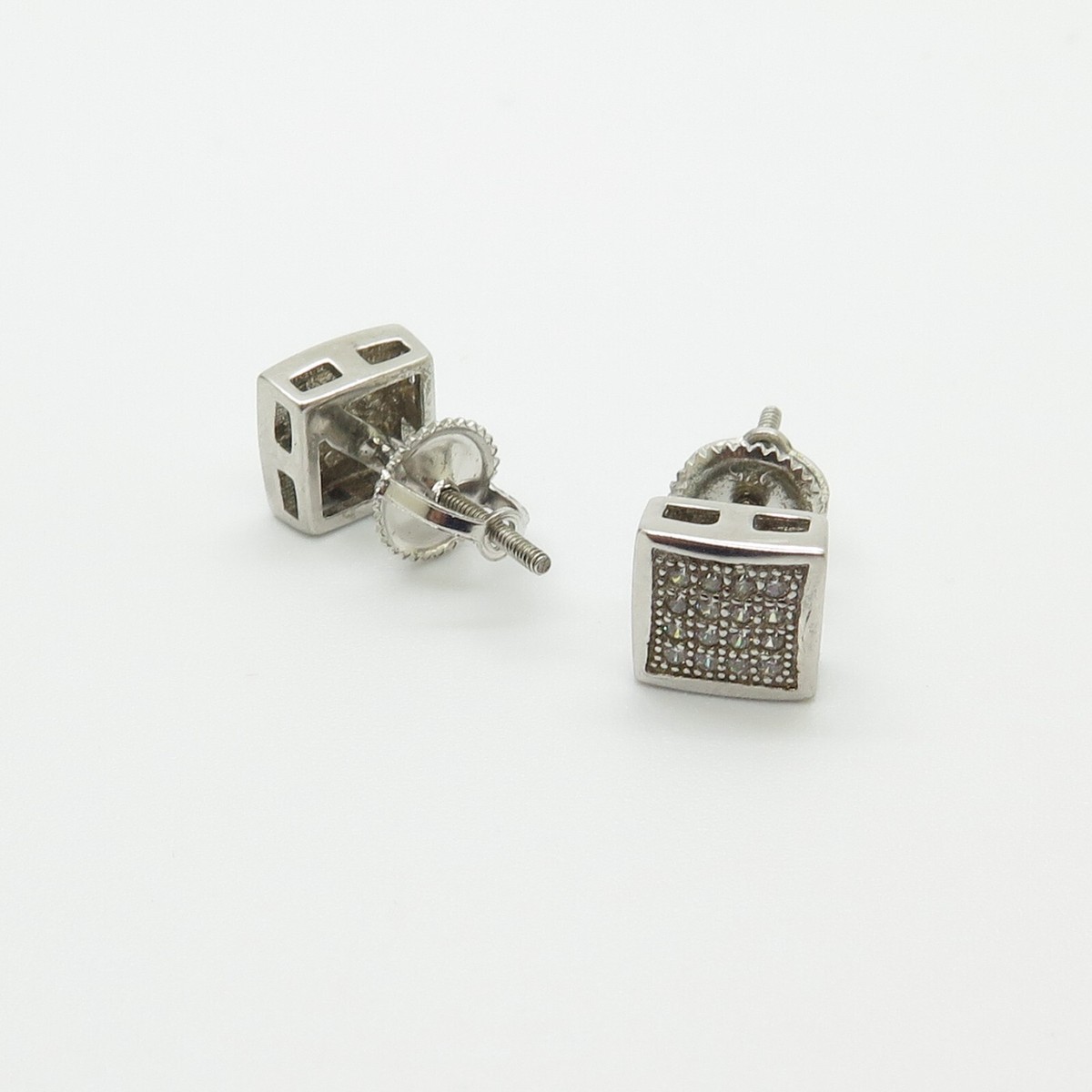 925 Sterling Silver 7mm Square CZ Pave Screw Back Stud Earrings View 3