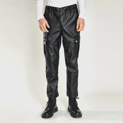 Men Faux Leather Trousers with Pockets Motorcycle Biker Pants Slim Punk Rock - Bild 19 von 24
