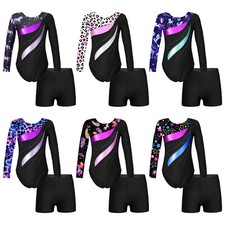 Girls Gymnastic Leotard Long Sleeve Bodysuit  Shorts Set 2 Pieces Dance Outfits