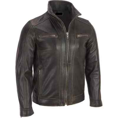 Men's Black Rivet Leather Faded Seam Jacket Genuine Cowhide Leather