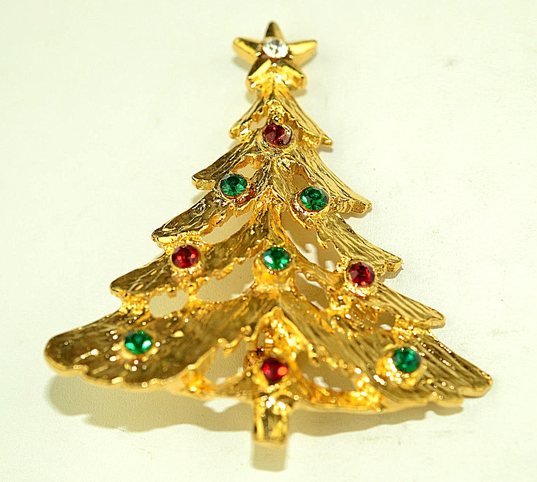 RED GREEN & WHITE RHINESTONE 2 INCH TALL CHRISTMAS TREE PIN WITH