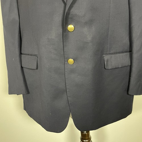 Chaps Blazer Jacket Mens 48R Navy Blue Solid Wool Brass Metal Buttons - Picture 5 of 14