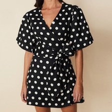 Faithfull the Brand Godiva Wrap Dress Emelda Dot Black Size 8
