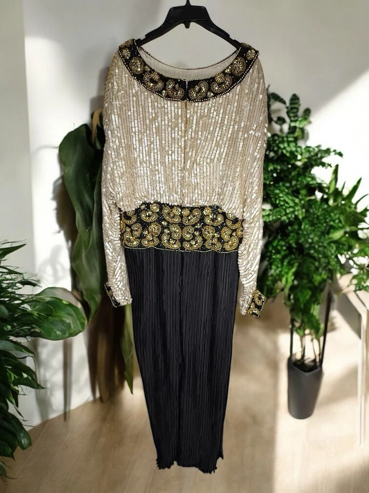George F. Couture Beaded Sequin Gown Sz 16 Black Gold Vintage Maxi Glam - Image 4 of 4