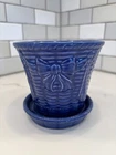 Vtg USA Pottery Shawnee Pottery Planter Pot Bows Basket Weave Navy Blue