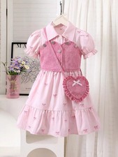 Bow Print Puff Sleeve Dress and Vest Set with Heart Bag